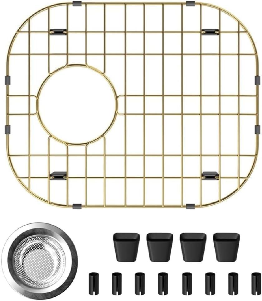 Universal Stainless Steel Sink Protector, Double Sink Bottom Grid Sink Rack with Rear Drain Hole for Kitchen Sink, 16 x13 Inches (Gold)