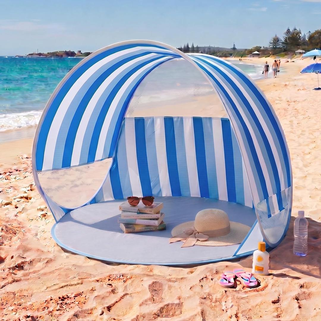 WILLBOND Pop up Beach Tent, Blue Stripe Easy Setup Sun Shelter Beach Shade for Kids & Adults, Portable Lightweight Waterproof Baby Canopy Cabana for Camping Outdoor Family Activities (4 People)