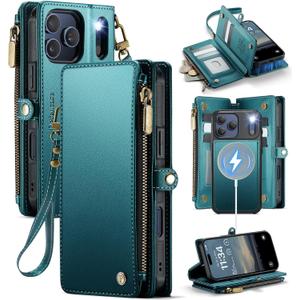 Defencase for iPhone 17 Pro Magnetic Wallet Case Compatible with Magsafe with RFID Blocking Zipper & Card Holder for Women Men PU Leather Strap Detachable Case for iPhone 17 Pro (6.3 inch), Blue Green