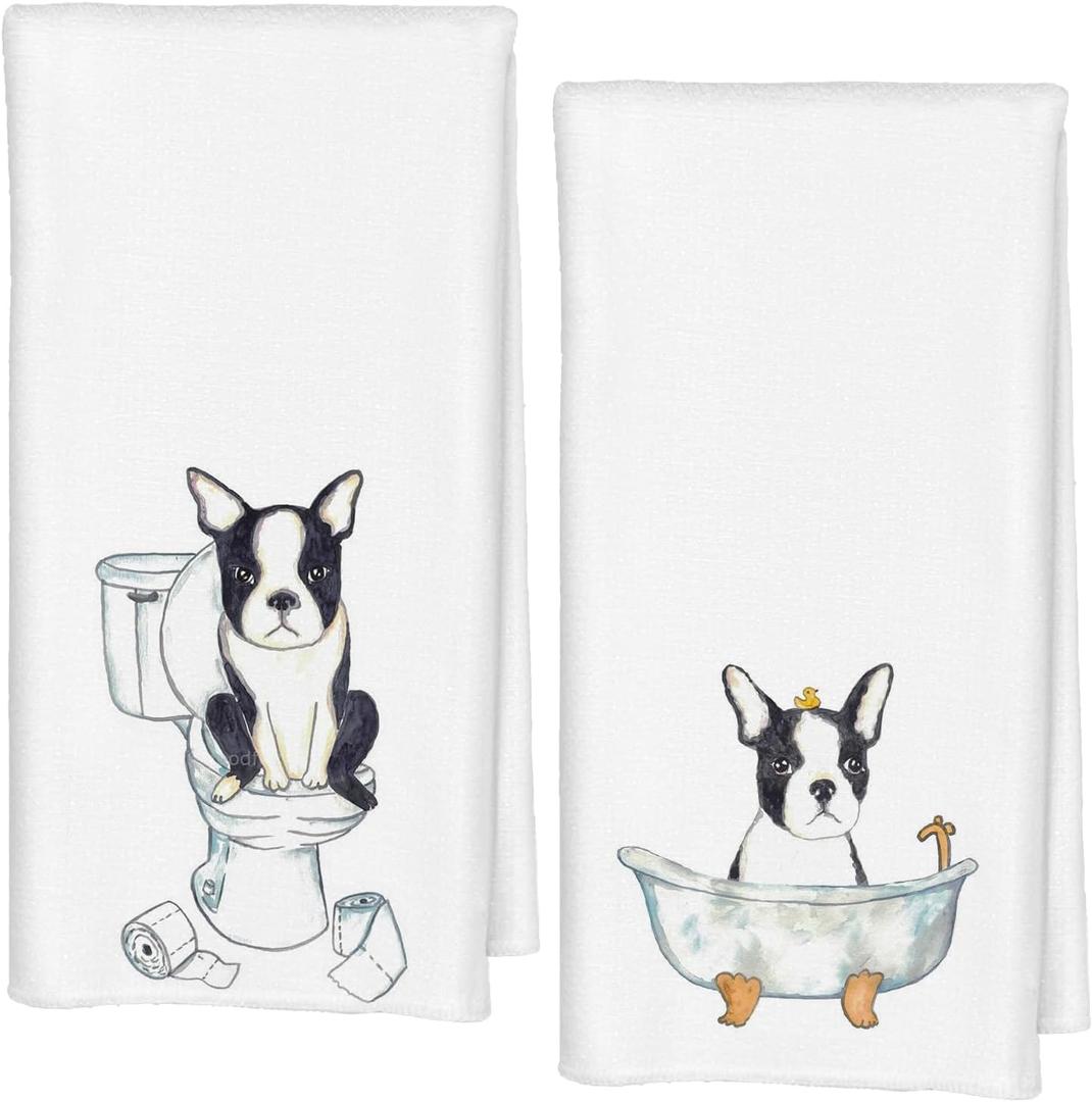 Boston Terrier Bathroom Hand Towels, Dog Lovers Gifts, Boston Terrier Gifts Decorative Hand Towels for Kids Bath Room Washroom, Dog Bathroom Decor, 16x24 Inch Set of 2