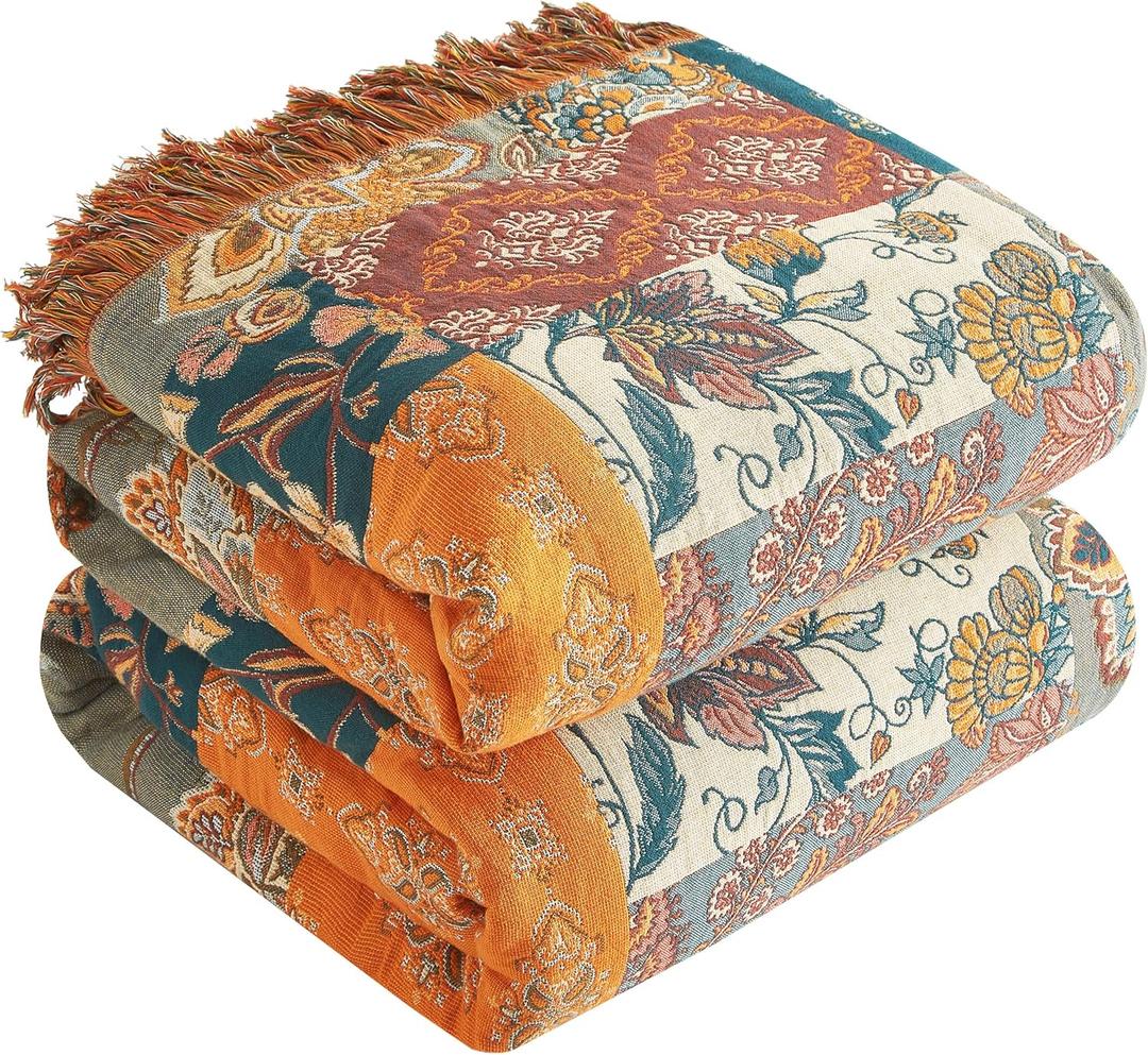 Boho Throw Blanket for Bed 80x90, 100% Cotton Woven Blanket for Couch Sofa, Ultra Soft 4-Layer Muslin Quilt with Patchwork Floral Printed, Farmhouse Bed Blanket/Cover for Living Room Decor