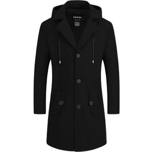 Chrisuno Men's Long Classic Pea Coat Notched Collar Single Breasted Winter Overcoat Slim Fit Trench Coats (X-Large, Black)