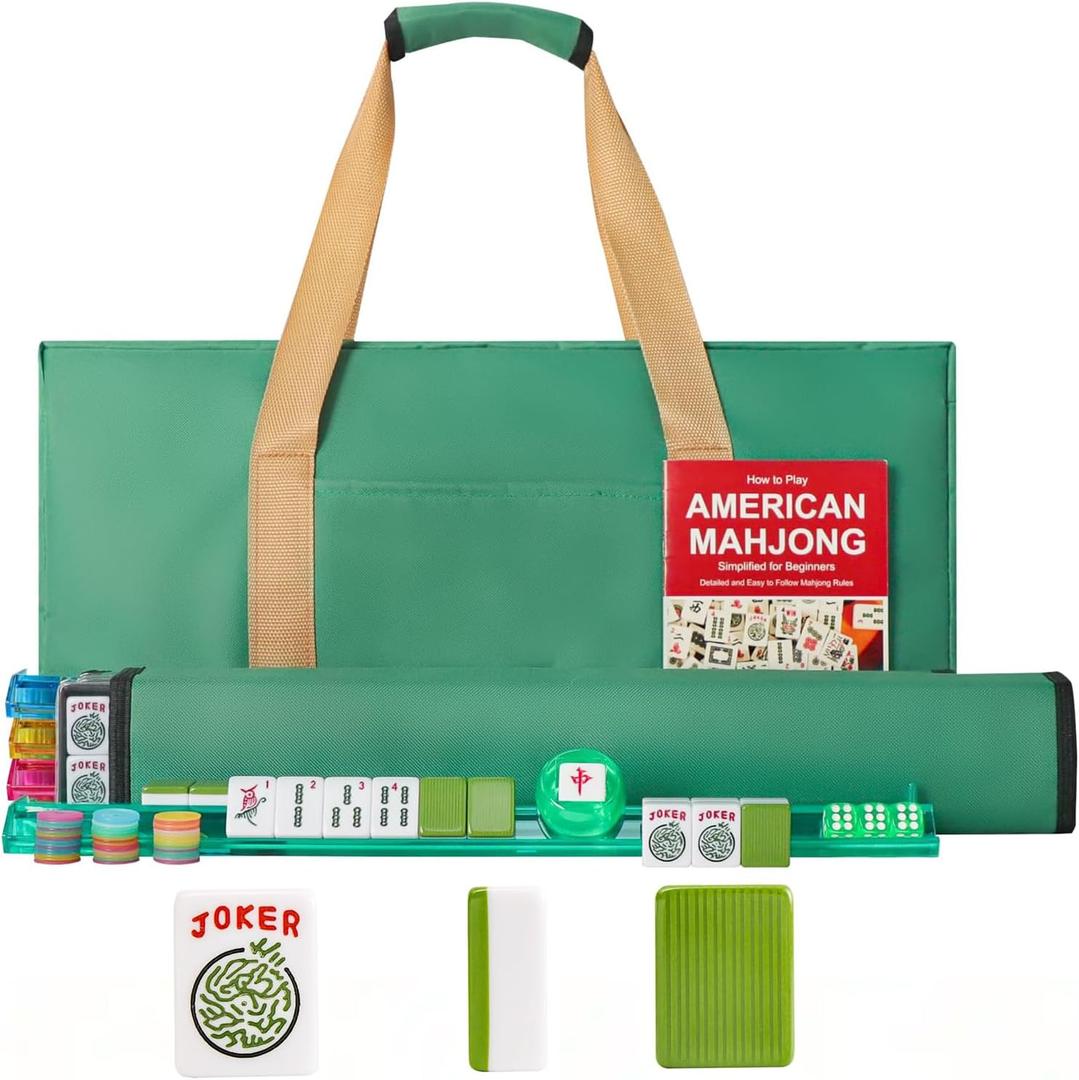 American Mahjong Game Set, 166 Green Tiles, 4 All-in-One Color Rack/Pushers, Complete Mahjong Tile SetGreen Carrying Bag