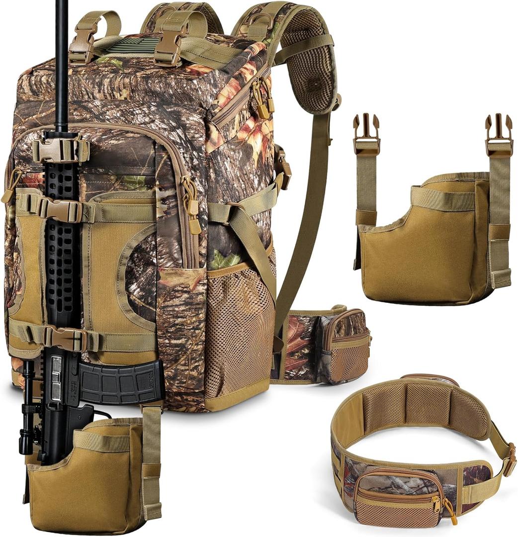 Hunting Backpack 40L for Men, Tactical Camo Bow Rifle Backpack with Removable Waist Belt, PALS/MOLLE System, Waterproof Rain Cover, Flag & Whistle for Saddle Hunting