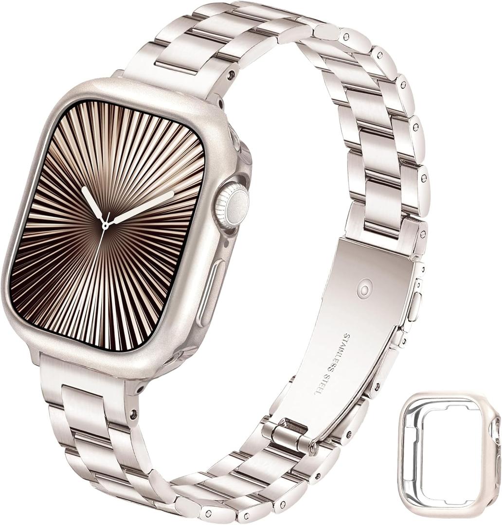 Slim Metal Band for Apple Watch Bands for Women 45mm 44mm 42mm(S3) iWatch Bands with Protective Case, Stainless Steel Thin Dressy Strap for Apple Watch Band Series 9 8 SE 7 6 5 4 3-Starlight
