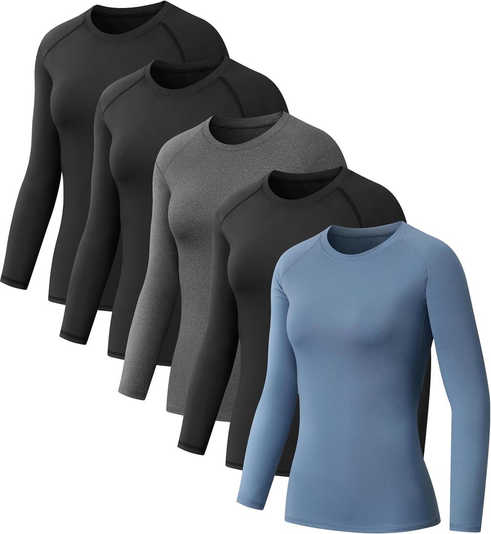 5 Pack Women's Compression Shirt Long Sleeve Workout Tops Athletic Baselayer Quick Dry Gym Yoga Running T-Shirt (X-Large, 3black+grey+blue)