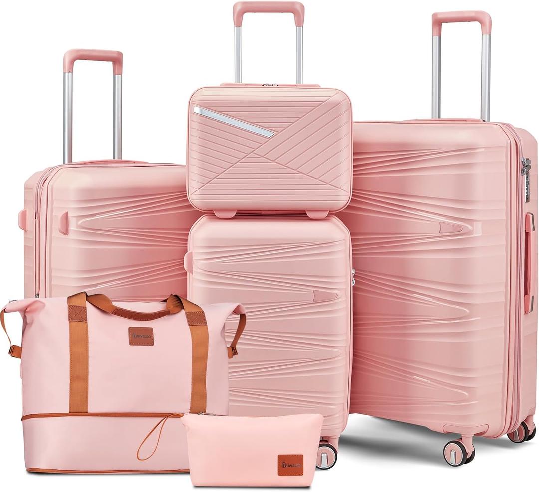 TRAVELEO 6 Piece Luggage Set PP Hardshell, Expandable Suitcase Set with Spinner Wheels (20/24/28), Includes 14" Cosmetic Case, Travel Duffel & Toiletry Bag, Lightweight TSA Lock Nested Set (Pink)