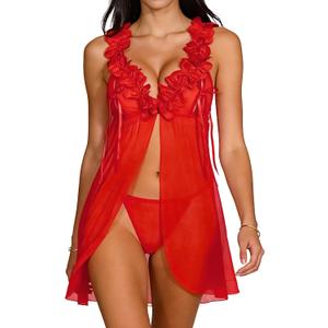 Hilinker Womens Sheer Mesh Babydoll Lingerie Ruffle Trim Deep V Open Front Nightdress with Thong Red Large (Red, L)