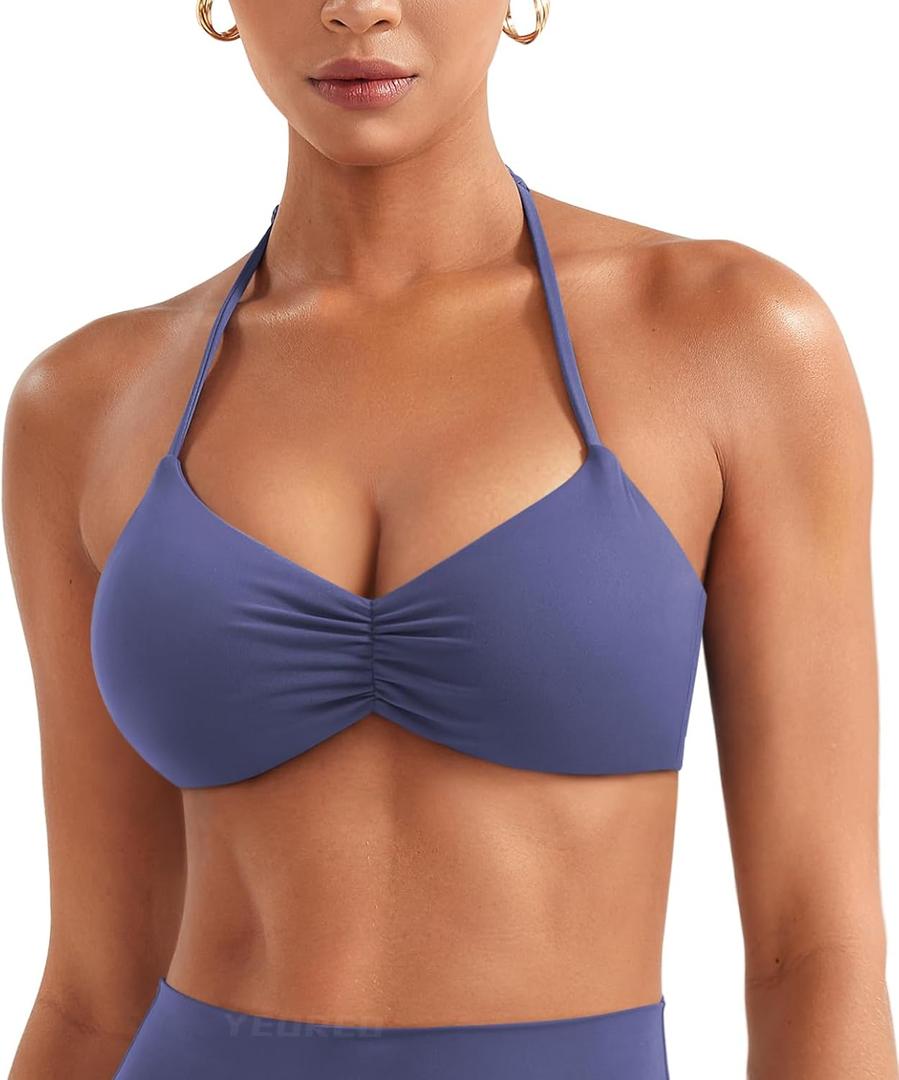 YEOREO Halter Sports Bras for Women Adjustable Strappy Open Back Impact Removable Pads Deep V Bra Workout Gym Yoga Crop Top (Medium, Deep Cobalt Blue)
