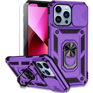 for iPhone 13 2 Pack  Case with Camera Lens Cover HD Screen Protector, Dual Layer [15 FT Military Grade Drop Protection] Magnetic Ring Holder Kickstand Protective Phone Case for iPhone 13 6.1 inch (Purple and Blue)