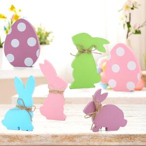 Easter Decorations, 6 pcs Wooden Easter Bunny Egg Signs for Table Centerpiece Tiered Tray Decor Home Indoor Office Party Farmhouse Decor