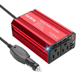 400W Power Inverter, FSATBTNE DC 12V to 110V AC Car Plug Adapter Outlet Converter with [65W PD USB-C] & [18W QC USB-A] Fast Charging Ports and 2 AC Outlets Car Power Inverters for Vehicles (Red)