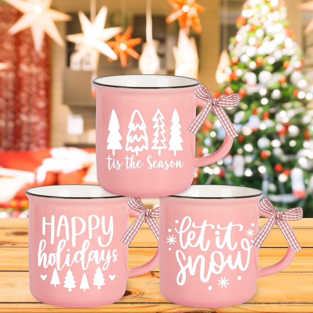 Whaline 3Pcs Pink Christmas Mini Mugs with Plaid Ribbon Christmas Tree Snowflake Mini Coffee Mug for Xmas Winter Table Centerpieces Tiered Tray Decor Gifts