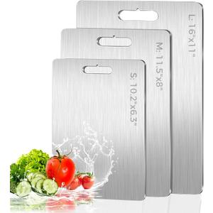 3 Pack Stainless Steel Cutting Board, Upgraded Food-Grade Cutting Boards for Kitchen,Double-Sided Non Toxic Cutting Board, Dishwasher Safe, kitchen Appliances for Fruits, Vegetables, Meat(S+M+L), 16" L 11" W, 11.5" L 8" W, 10.2" L 6.3" W