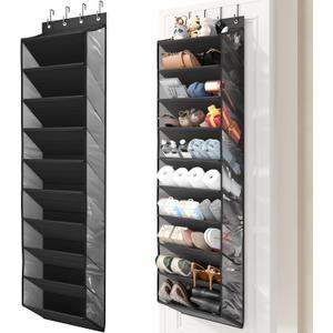 20-25 Pairs Over the Door Shoe Organizer, Clear Pockets Shoe Rack for Closet Door, 10-Tier Hanging Shoe Rack for Boots, Behind the Door Shoe Holder Fit All the Family's Sneakers, Boots, Heels, Black
