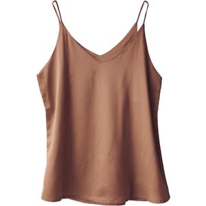 Wantschun Womens Silk Satin Camisole Cami Plain Strappy Vest Top T-Shirt Blouse Tank Shirt V-Neck Spaghetti Strap XS-4X (Basic - Brown)