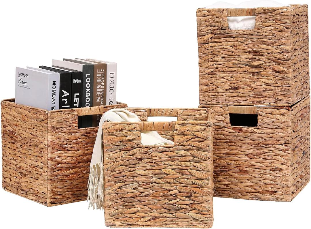 Wicker Storage Cubes Foldable Water Hyacinth Baskets,Handwoven Storage Baskets for Shelves,Kitchen or Outdoor,Set of 4 Pcs,11x11x11inch
