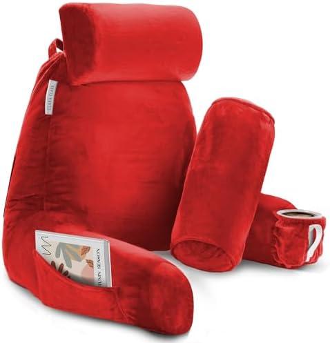 Clara Clark Reading Pillow, Large Back Pillow for Sitting Up in Bed, Memory Foam Back Support Pillow, Reading Pillows for Sitting in Bed Adult, Red Sit Up Pillow for Bed Chair with Arms and Pockets