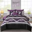 Anibedding Boho Comforter Set,8 Pieces Bed in a Bag Patchwork Striped Comforter Set,Boho Purple Bed Set King Size,Soft Microfiber Bedding Set for All Season(90"104")
