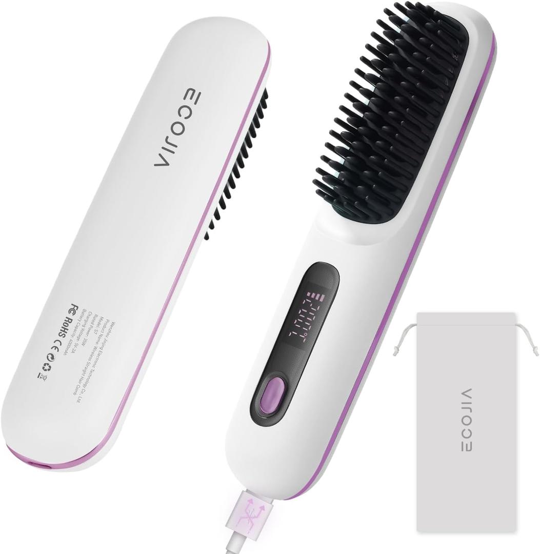 ECOJIA Cordless Hair Straightener Brush,5200mAh Mini Ceramic Flat Iron for Short Hair,Small Ionic Portable Straightening Comb for Travel,Straightener and Curler 2 in 1 with LCD Screen for Women,White