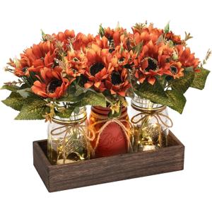 3 Pcs Fall Mason Jar Centerpiece Table Decorations for Dining Table Decor Farmhouse Coffee Table Decor with Wood Tray and Led Light Table Centerpieces for Dining Room Kitchen Living,Orange