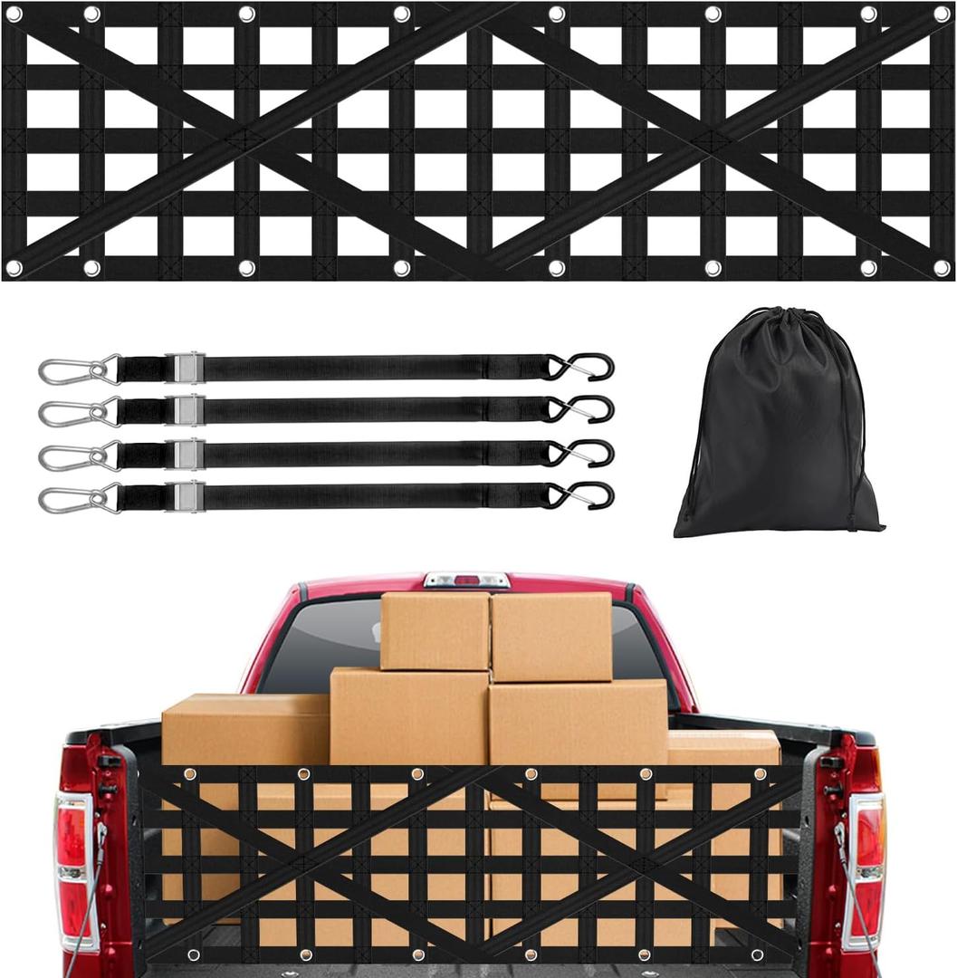 Heavy Duty Tailgate Net for Truck Bed, Cargo Net with 4 Adjustable Buckle Straps, Durable Nylon Tailgate net Compatible with Jeep, Pickup, Truck, Boat, SUV, 59" x 18"