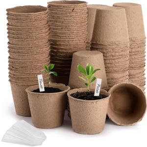 Cedilis 100 Pack 4 inch Peat Pots, Biodegradable Plant Starter Pots with Plant Labels, Germination Station Starter Cups, Disposable Plant Pots for Seedlings, Flowers, Vegetables Seeds