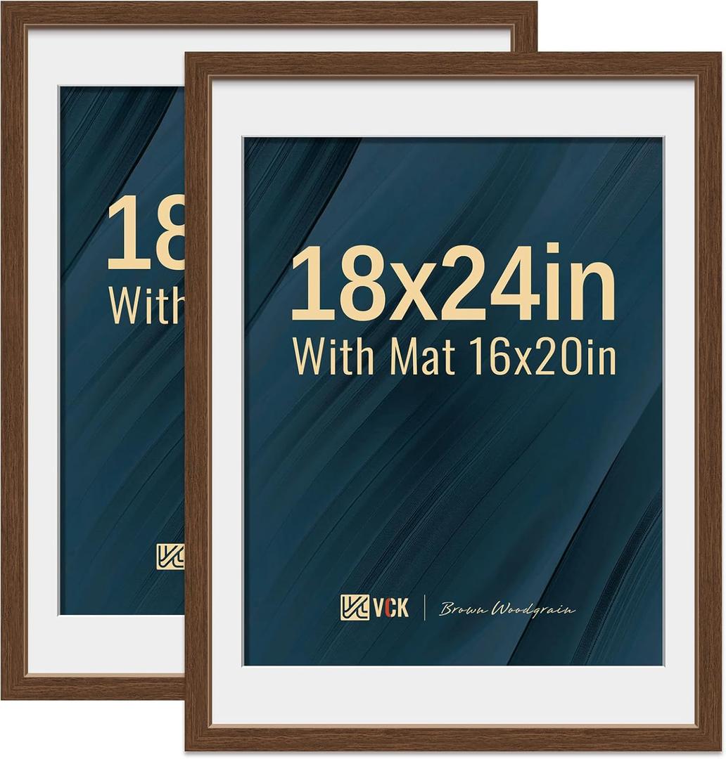 VCK 18x24 Poster Frame 2 Pack - Brown, High-End Wood Picture Frames with Polished Plexiglass, Display 16x20 Photo with Mat or 18x24 without Mat, Art Gallery-Quality, Wall Hanging, Brown