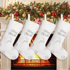 LOMOHOO 4PCS White Christmas Stockings with Silver Sequin Snowflake Reindeer, 20 Inch Large Velvet Plush Soft Faux Fur Xmas Stockings Hanging Ornaments for Fireplace Xmas Tree