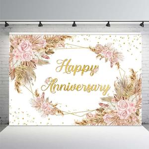 MEHOFOND Boho Happy Anniversary Backdrop Bohemia Pampas Grass Engagement Banner Couple Love Cheers to 1 10 Years 50th Wedding Birthday Party Decorations Blush Pink Floral Photography Background 7x5ft