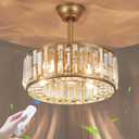 18.2" Gold Caged Ceiling Fans with Lights Remote Crystal Fandelier 4-Lights Flush Mount Fan Light Modern Enclosed Chandelier Fan with 6 Speeds for Bedroom Living Room Kitchen Dining Room Hallway