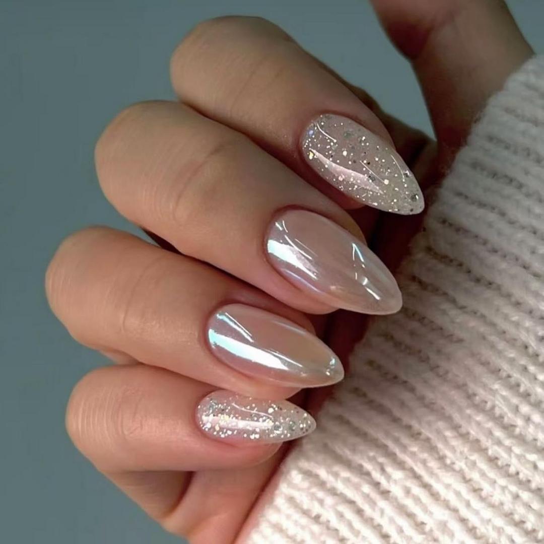 24 Pcs Chrome Press on Nails Medium Almond Shaped Fake Nails with Silver Glitter Designs Sparkly Reusable Acrylic Nails Full Cover Glossy Stick on Nails for Women Nails Manicure Decoration (Style 13)