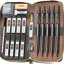 Metal Mechanical Pencil Set in Leather Case, 5PCS Art Drafting Pencil 0.3, 0.5, 0.7, 0.9 & 2mm Lead Holder, 9 Tube (4B 2B HB 2H Colors) Lead Refills for Drawing, Sketching, Writing (Black)