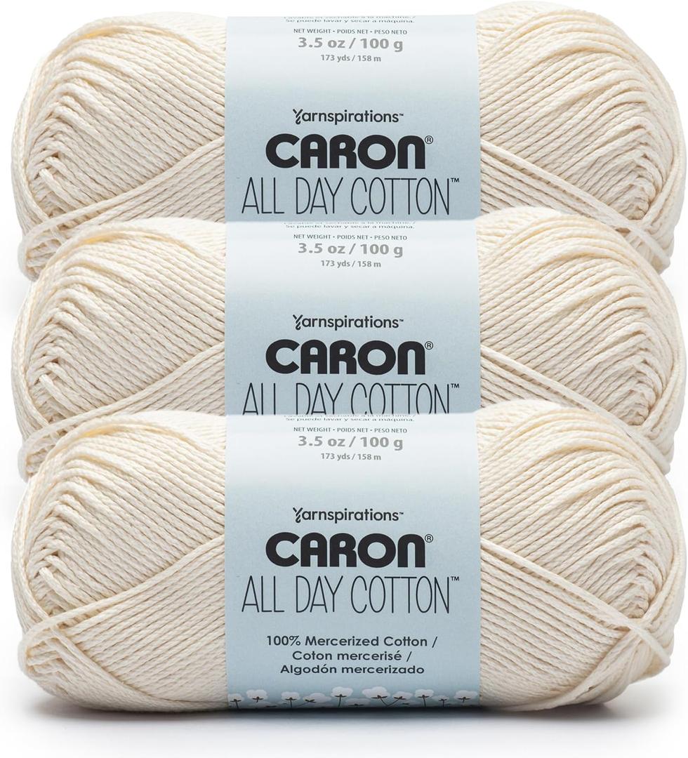 Caron All Day Cotton - 3 Pack of 173 Yards/3.52 oz Cream 100% Mercerized Cotton Yarn
