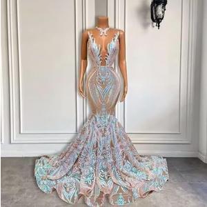 O-Neck Sparkly Sequine Mermaid Long Prom Gown Sleeveless Chapel Train Evening Shower Party Dress, Size 18