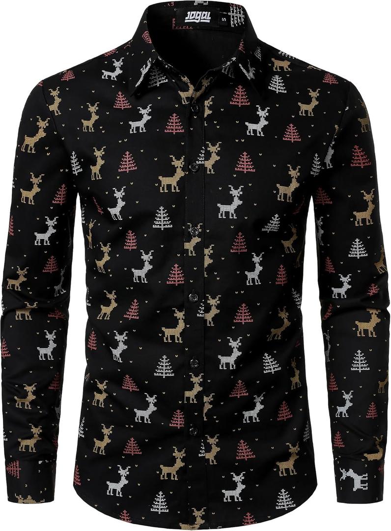 JOGAL Mens Christmas Shirts Santa Claus Party Long Sleeve Button Down Shirts (Large, Black)