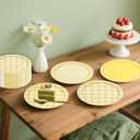 64PCS Yellow Gingham Paper Dessert Plates - 7 Inch Disposable Round Checkered Dinner Plates for Birthday Baby Shower Wedding Picnic Party Supplies, 4 Styles