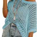 Dokotoo Womens Summer Scoop Neck Short Sleeve Sweater Casual Crochet Hollow Out Knit Tops Pullover Shirts Beach Coverup (X-Large, Light Blue)