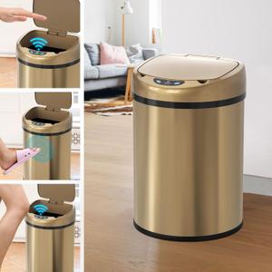 Smart Trash Can with Lid Stainless Steel Garbage Can Smart Trash Bin with Automatic Packaging Function, 3.5 Gallon Sensor Waste Bin for Kitchen Bathroom Office,Champagne Gold