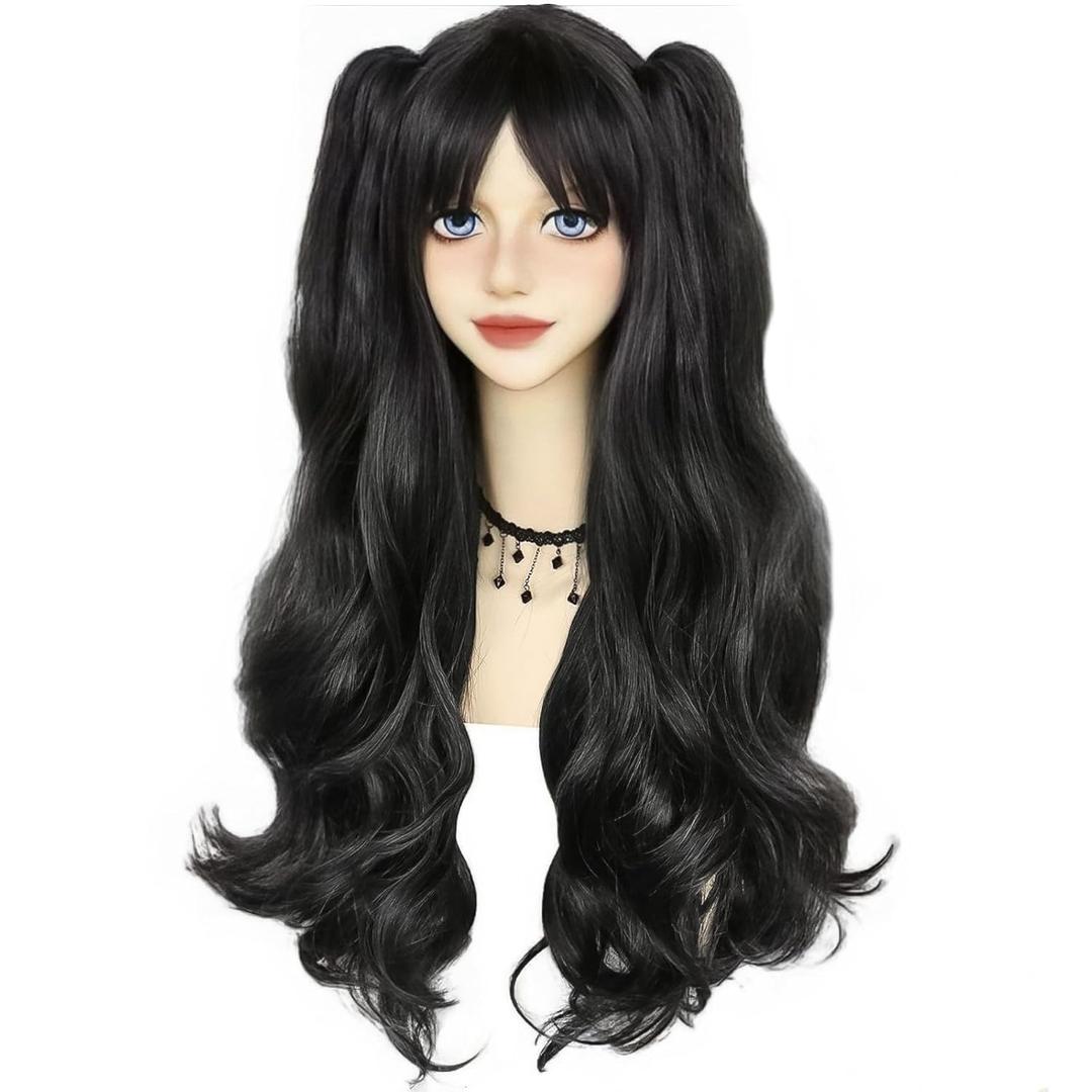 ANOGOL Hair Cap+ Black Pigtail Wigs Clip-on Double Pigtails Wig Long Black Cosplay Wigs for Women Lolita 2 Ponytails with Clips Synthetic Hair for Halloween Costume Party
