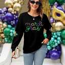 Womens Mardi Gras Shirt Stripes Fat Tuesday Tee Shirt Sequin New Orleans Carnival Party Long Sleeve Top (Black, XL)