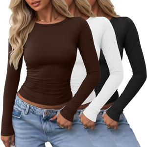 Locoowai 3 Pack Women's Long Sleeve Shirts Crewneck Going Out Basic Tops Tight Slim Fit Side Ruched Crop Tees Y2k Outfits