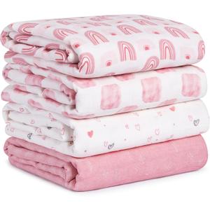 Muslin Swaddle Blankets for Newborn, 4 Pack Cotton Baby Blanket, Large 31.5 x 43.3 Breathable Soft Receiving Blankets Girl, Essentials Swaddle Wrap Burping Clothes, Pink Rainbow factory sealed
