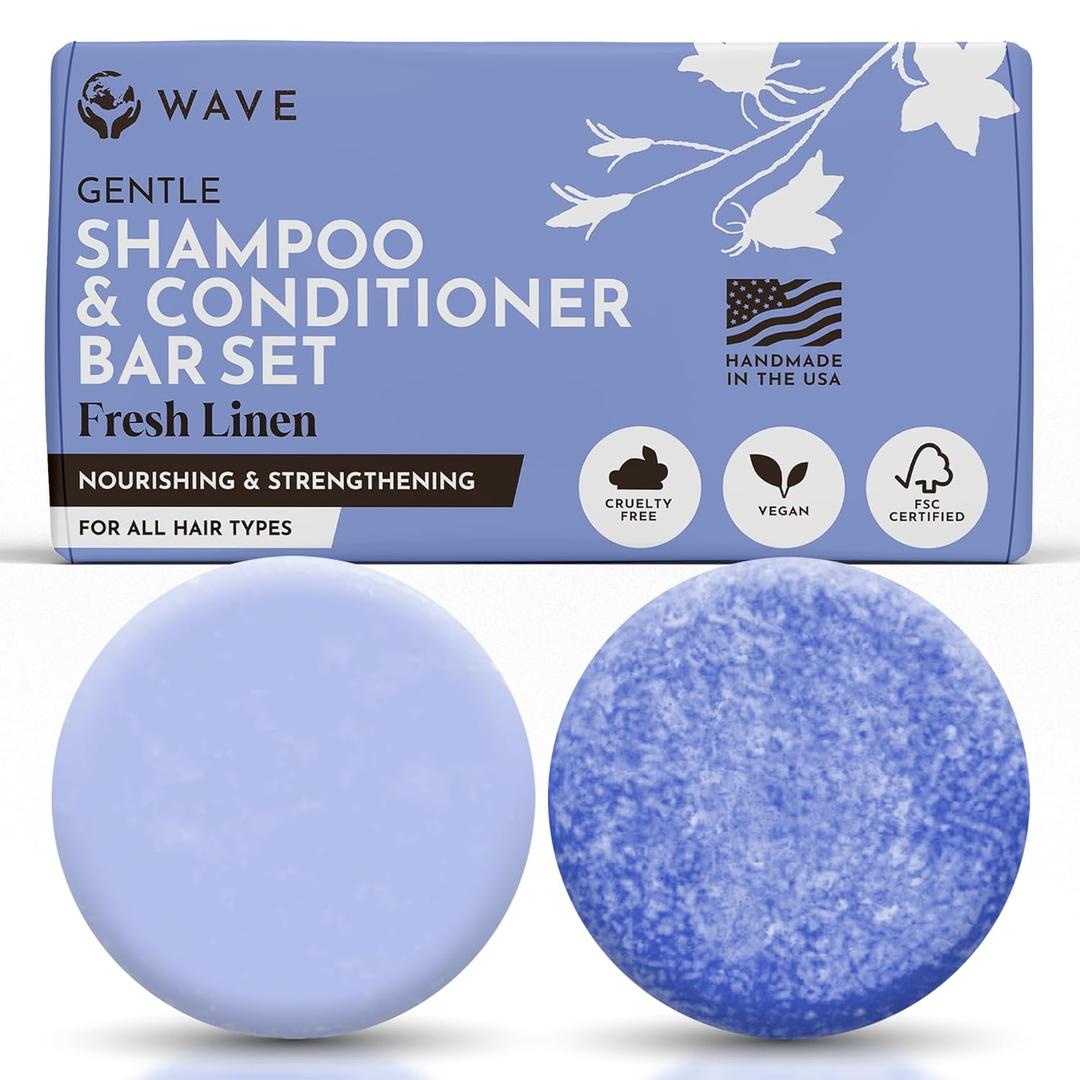 Wave Fresh Linen Shampoo & Conditioner Bar Set - Natural & Organic Moisturizing Vegan Shampoo and Conditioner Bars for Women & Men - Long-Lasting (80-120 Uses)