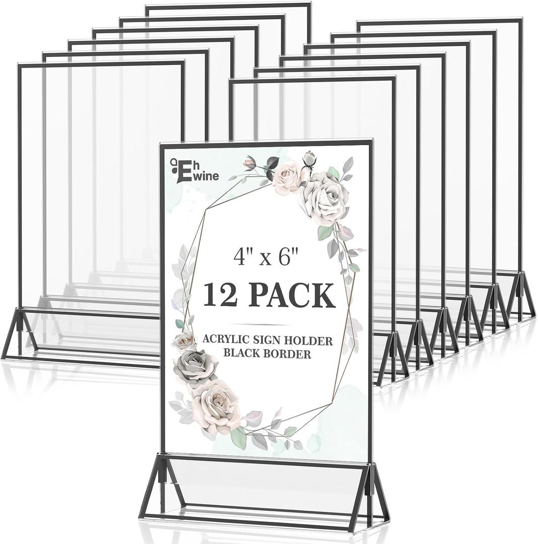 EHWINE 12 Pack Acrylic Sign Holder 4 x 6, Double Sided Black Picture Frame Stand up Table Top Sign Holders, Clear Display Stand Menu Flyer Holder for Wedding Party(Provide Non-slip Mats)