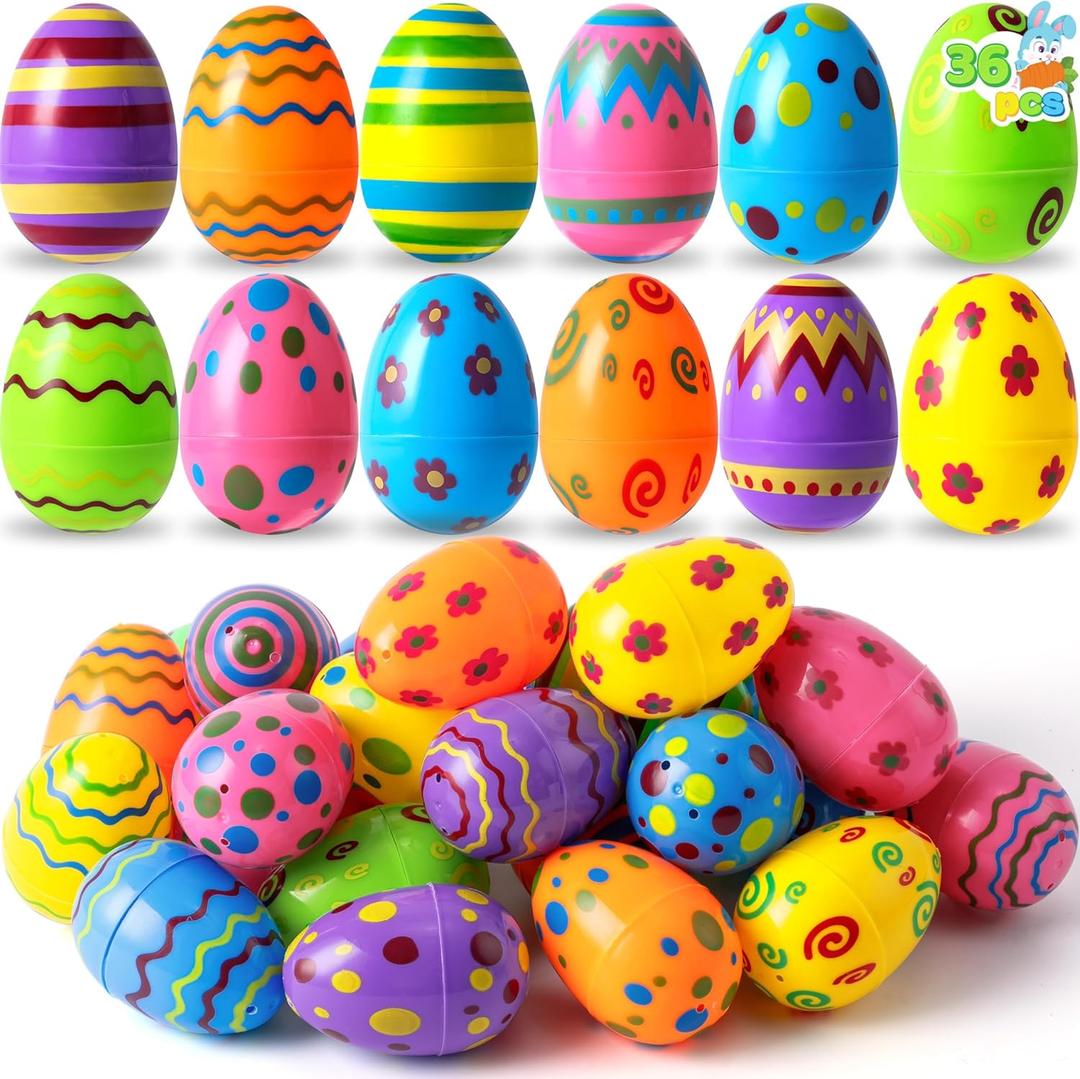 JOYIN Toy 36PCS Plastic printed Bright Easter Eggs, Over 3.15'' High for Easter Hunting, Basket Fillers, Class Price Supplies
