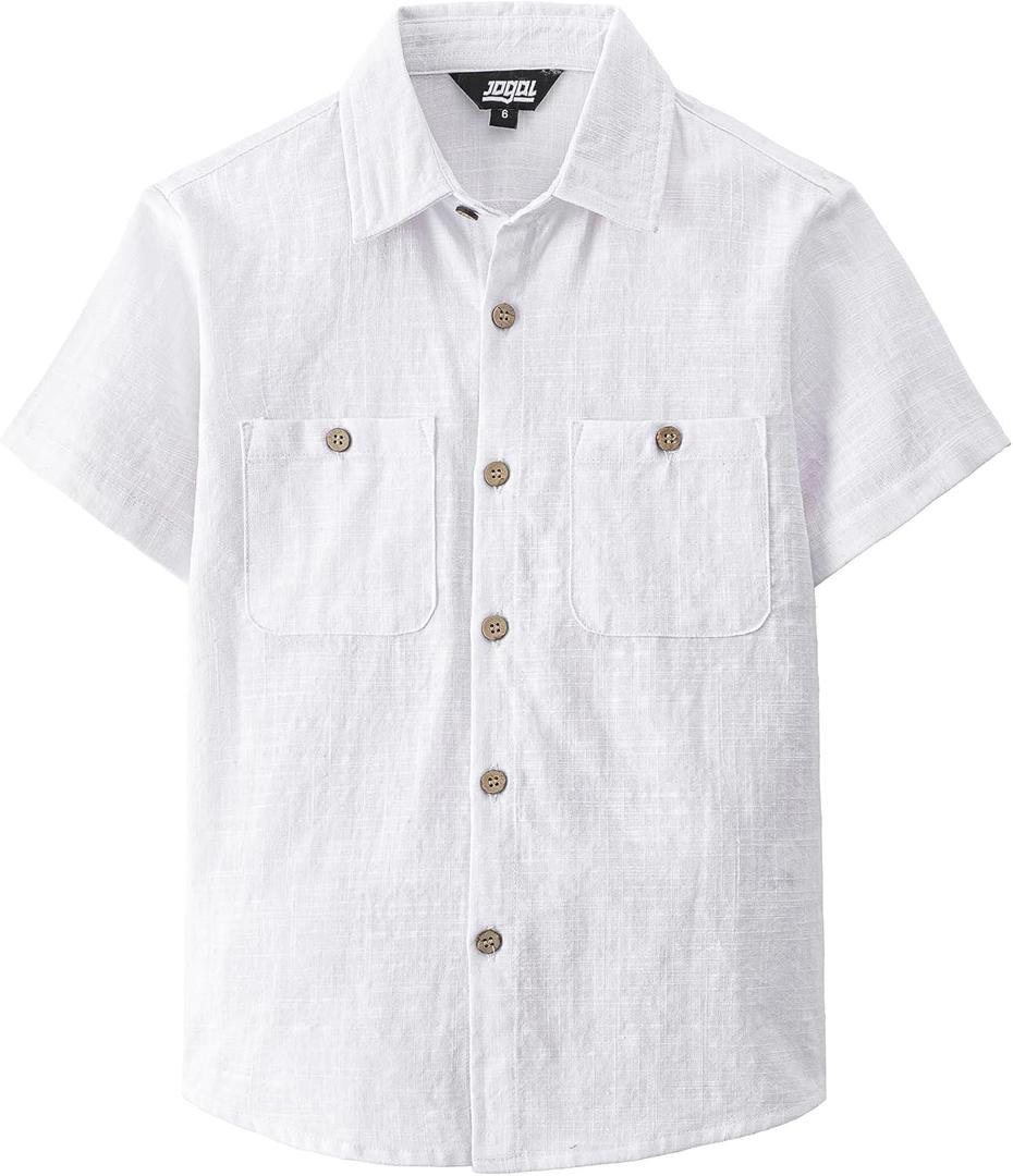 JOGAL Boys Chambray Shirts Short Sleeve Button Down Casual Cotton Woven Shirt with Two Pockets for Kids 6-14 Years (9-10 Years, White)