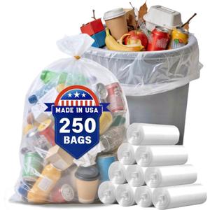 30 33 35 Gallon Clear Trash Bags, 250 Count High Density Garbage Bags, Made in USA, Recycling Trash Can Liners, Puncture-Resistant Plastic Waste Bags for Kitchens Yards Offices Commercial