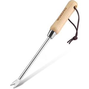 WORKPRO Dandelion Weeder Puller Tool with Wood Handle, Polished Stainless Steel Garden Weed Remover Tool, Two-Pronged Fork Weeder Tool for Lawn, Farmland, Transplant, Gardening