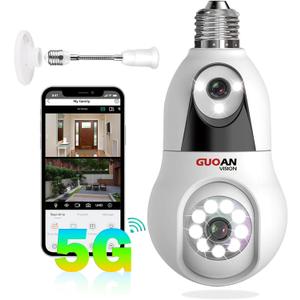 5G& 2.4G Light Bulb Security Camera, 6MP Dual Lens WiFi Wireless Light Socket Cameras for Indoor, Bedroom, Color Night Vision, Motion Tracking, Audible Alarm, Compatible with Alexa, SD/Cloud